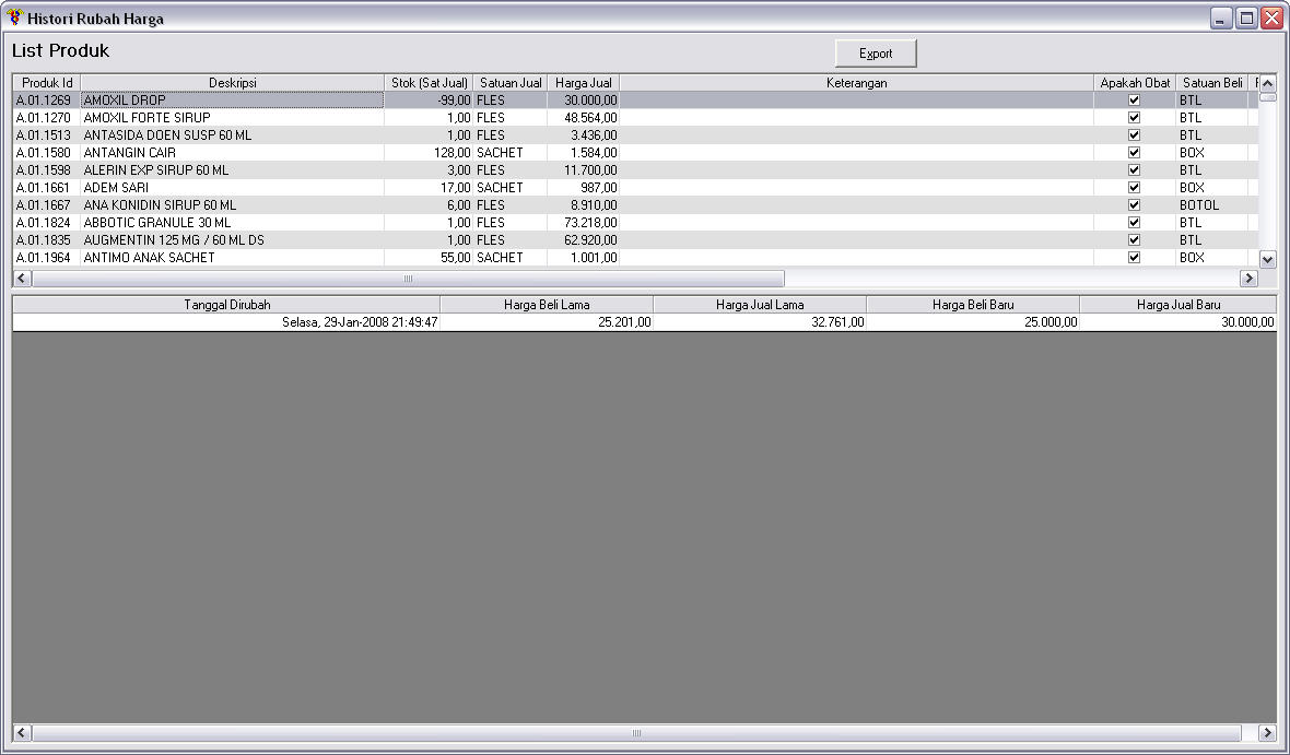 Layar Histori Perubahan Harga Software Apotek AKUA